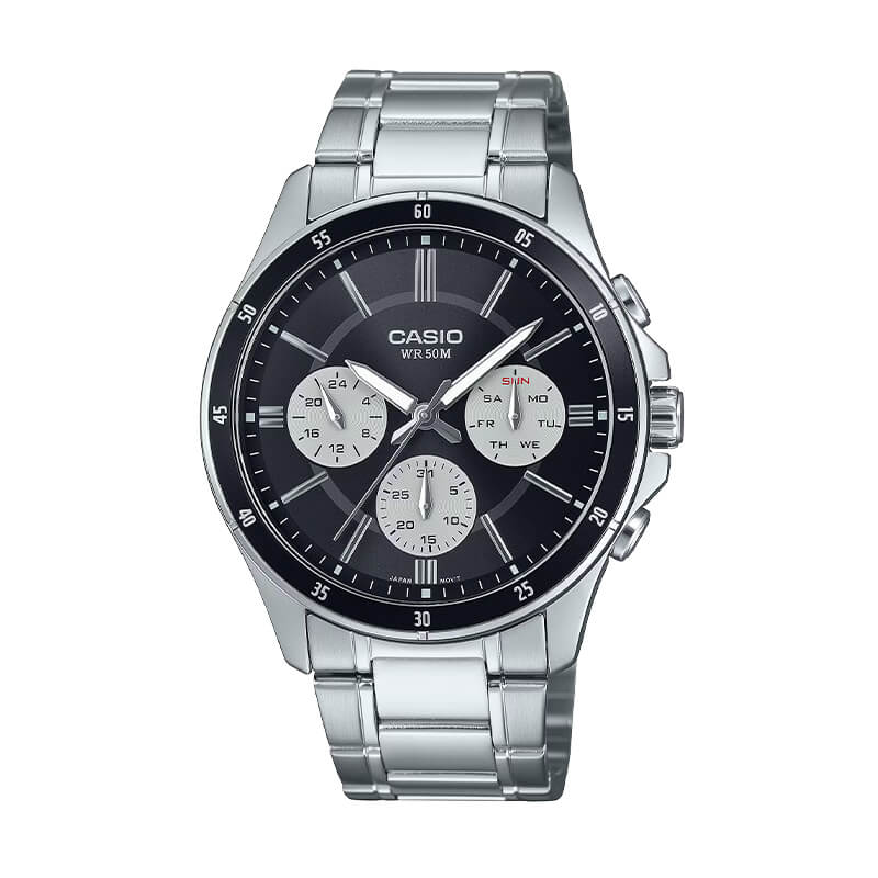 Reloj Casio MTP-1374D-1A3V Análogo Hombre Original en color acero inoxidable, vista frontal elegante.
