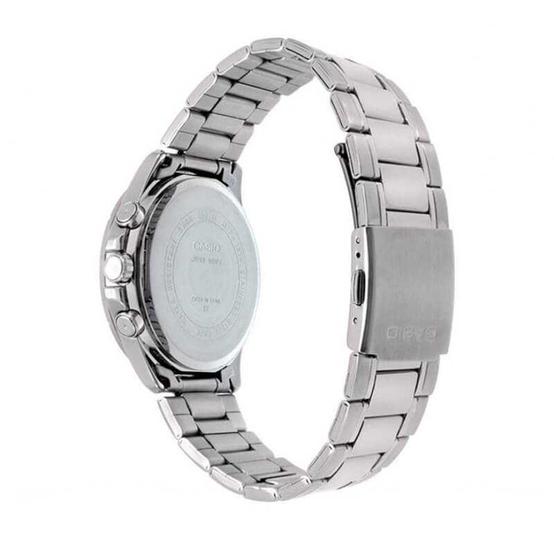 Reloj Casio MTP-1374D-1A3V Análogo Hombre Original vista trasera con correa de acero inoxidable.