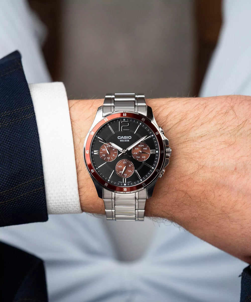 RELOJ CASIO ORIGINAL MTP-1374D-5AVEF | Acero Hombre Plateado Dial Rojo - Casio en Perú | Jherr Jewelry