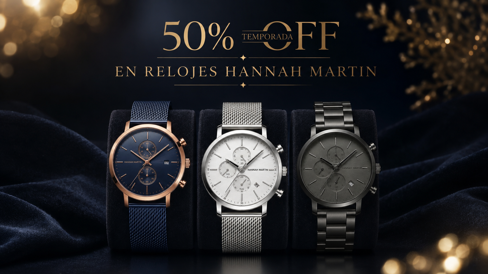 Banner promocional con 50% de descuento en relojes Hannah Martin de acero inoxidable con cronógrafo. Oferta de temporada disponible en Perú.