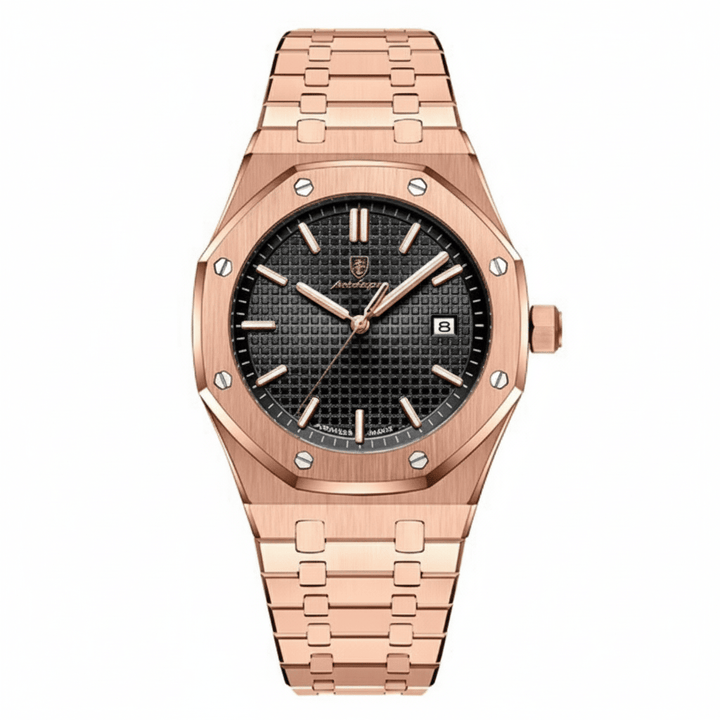 Reloj Poedagar Rose Gold Octagonal con Esfera Negra Tapisserie y Brazalete Integrado 40mm - Poedagar en Perú | Jherr Jewelry