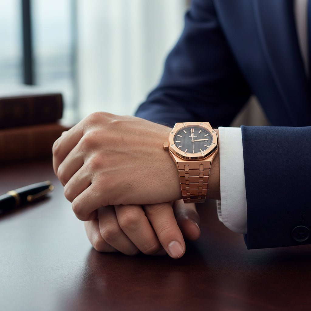 Reloj Poedagar Rose Gold Octagonal con Esfera Negra Tapisserie y Brazalete Integrado 40mm - Poedagar en Perú | Jherr Jewelry