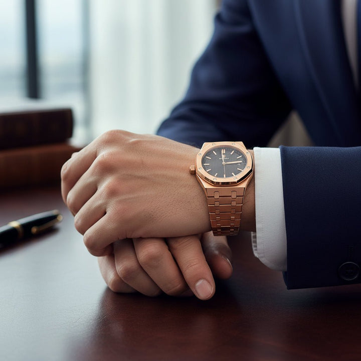 Reloj Poedagar Rose Gold Octagonal con Esfera Negra Tapisserie y Brazalete Integrado 40mm - Poedagar en Perú | Jherr Jewelry