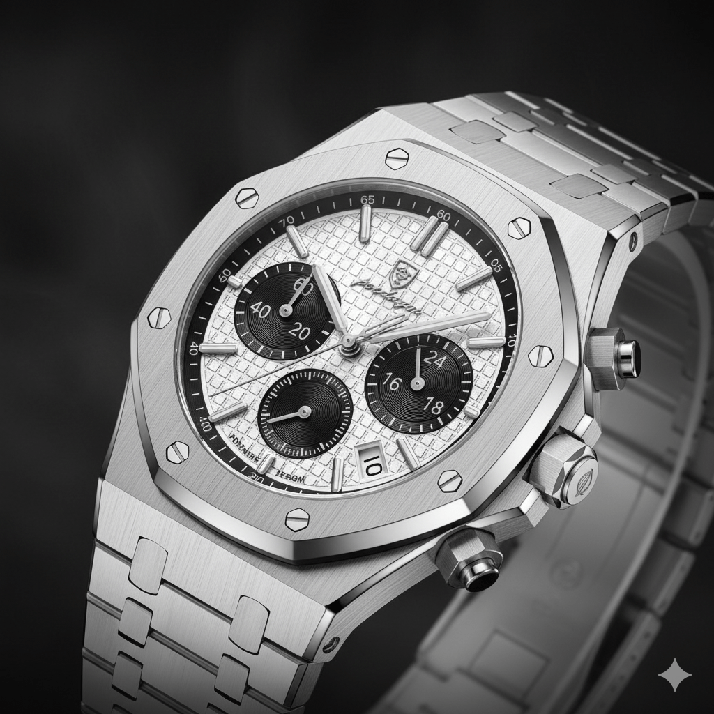 Reloj Cronógrafo Poedagar Octagonal con Esfera Panda y Brazalete de Acero Integrado 40mm - Poedagar en Perú | Jherr Jewelry