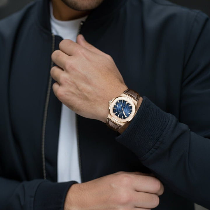 Reloj Poedagar Nautilus Rose Gold con Esfera Azul y Correa de Cuero Genuino Marrón 40mm - Poedagar en Perú | Jherr Jewelry