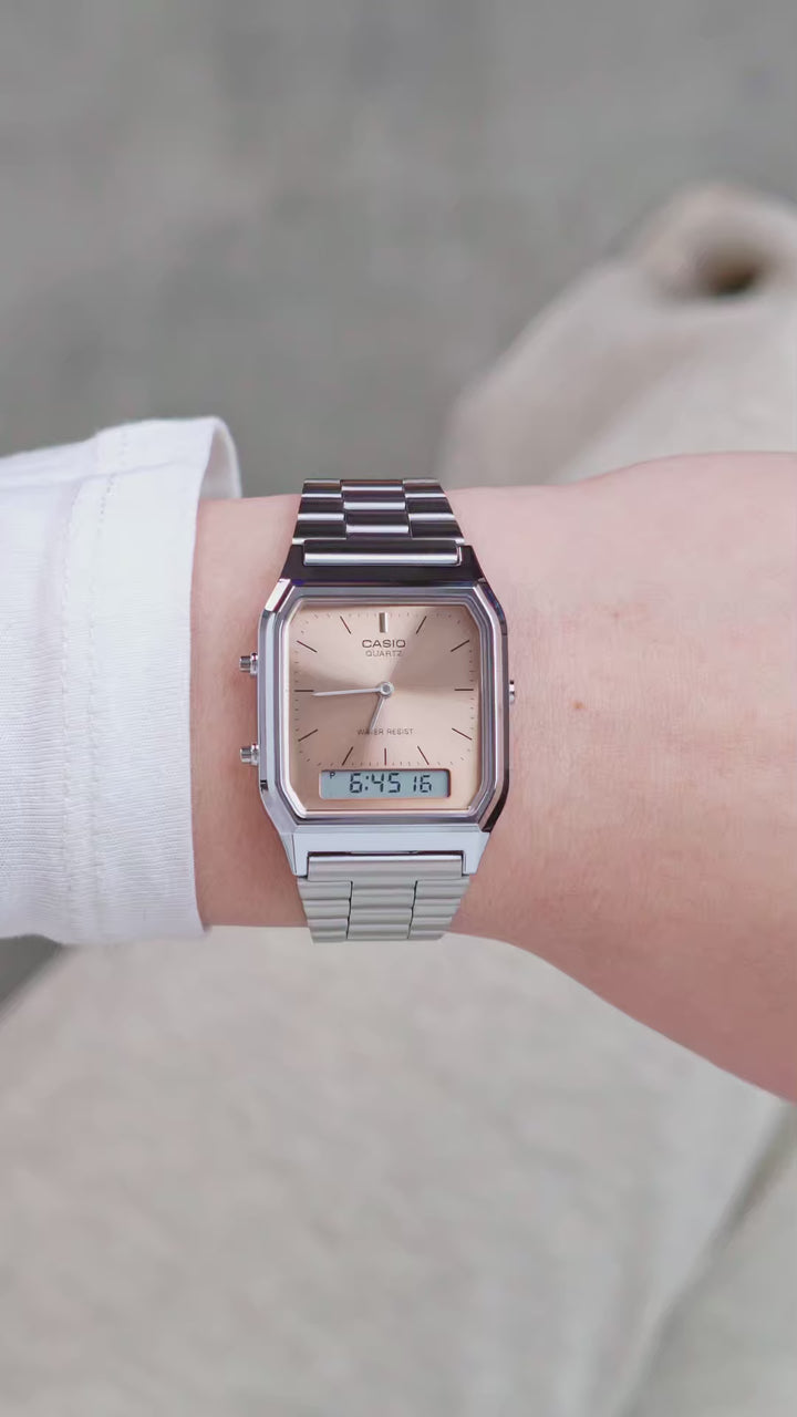 Reloj Casio AQ-230A-4A Original Retro - Dual Display Analógico Digital con Esfera Naranja
