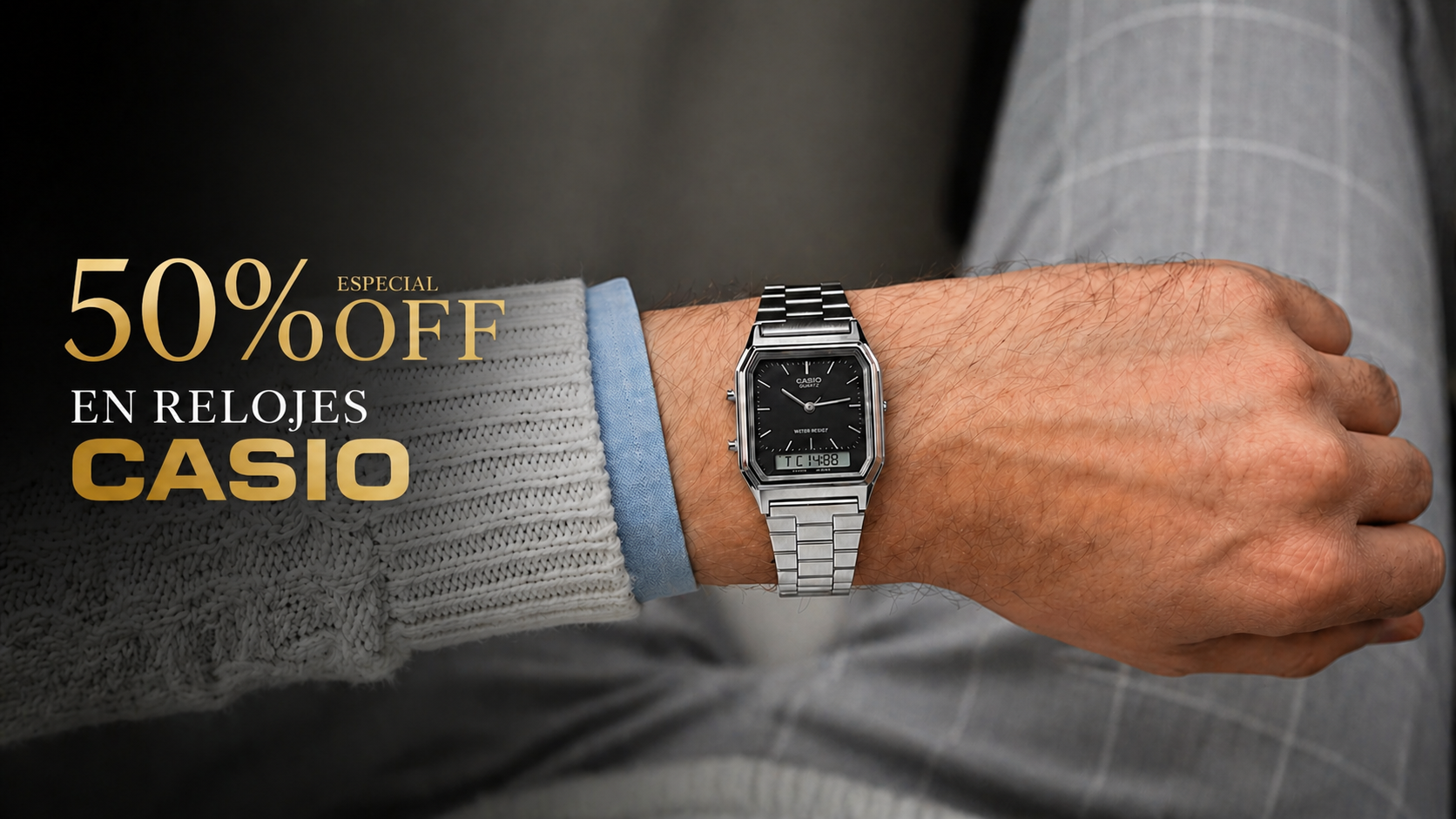 Banner promocional en la muñeca de un hombre con un reloj Casio vintage de acero inoxidable, oferta disponible en Lima.