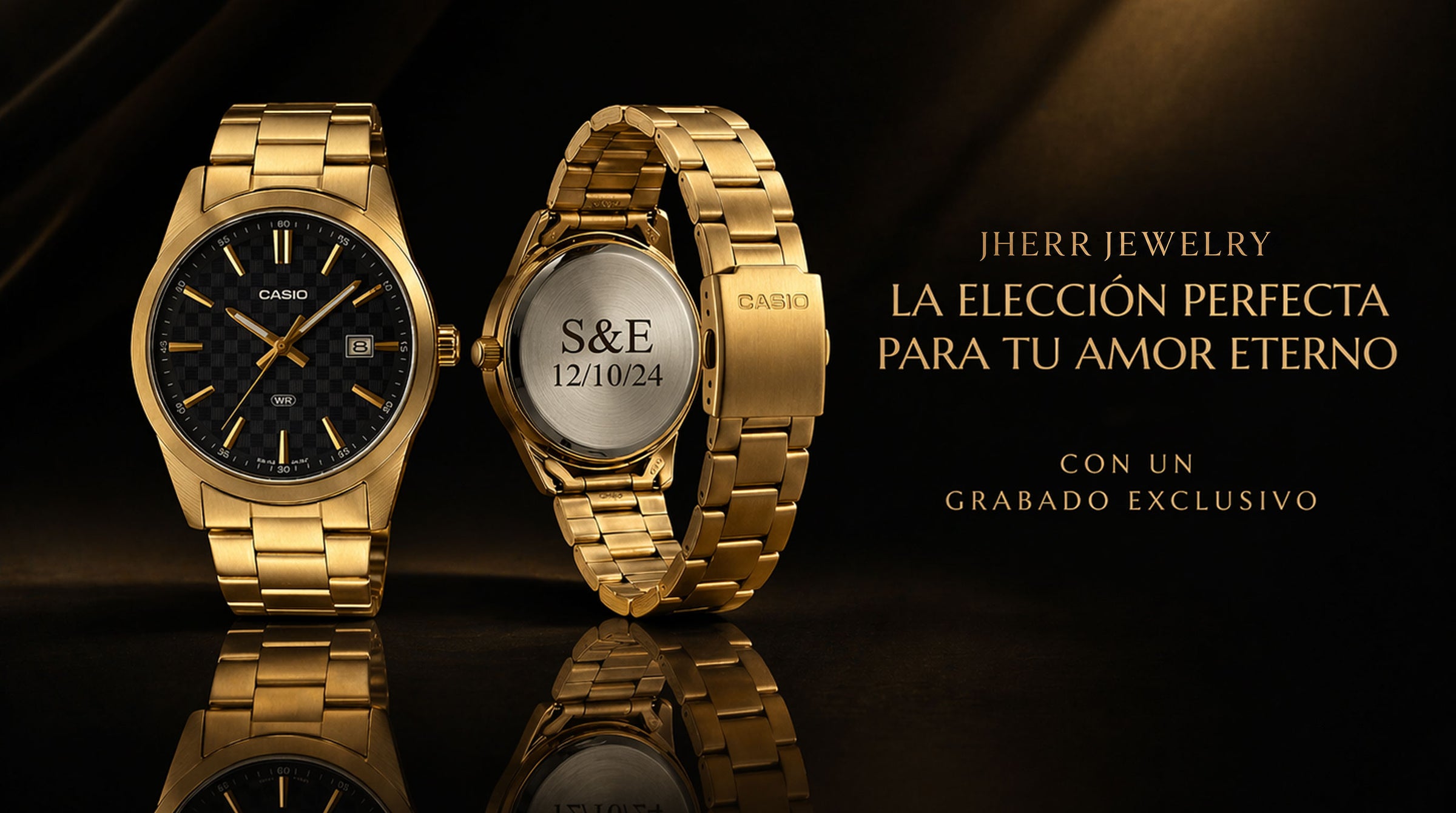 Reloj Casio dorado para hombre con grabado personalizado en la tapa trasera, ideal como regalo romántico y aniversario – Jherr Jewelry Perú