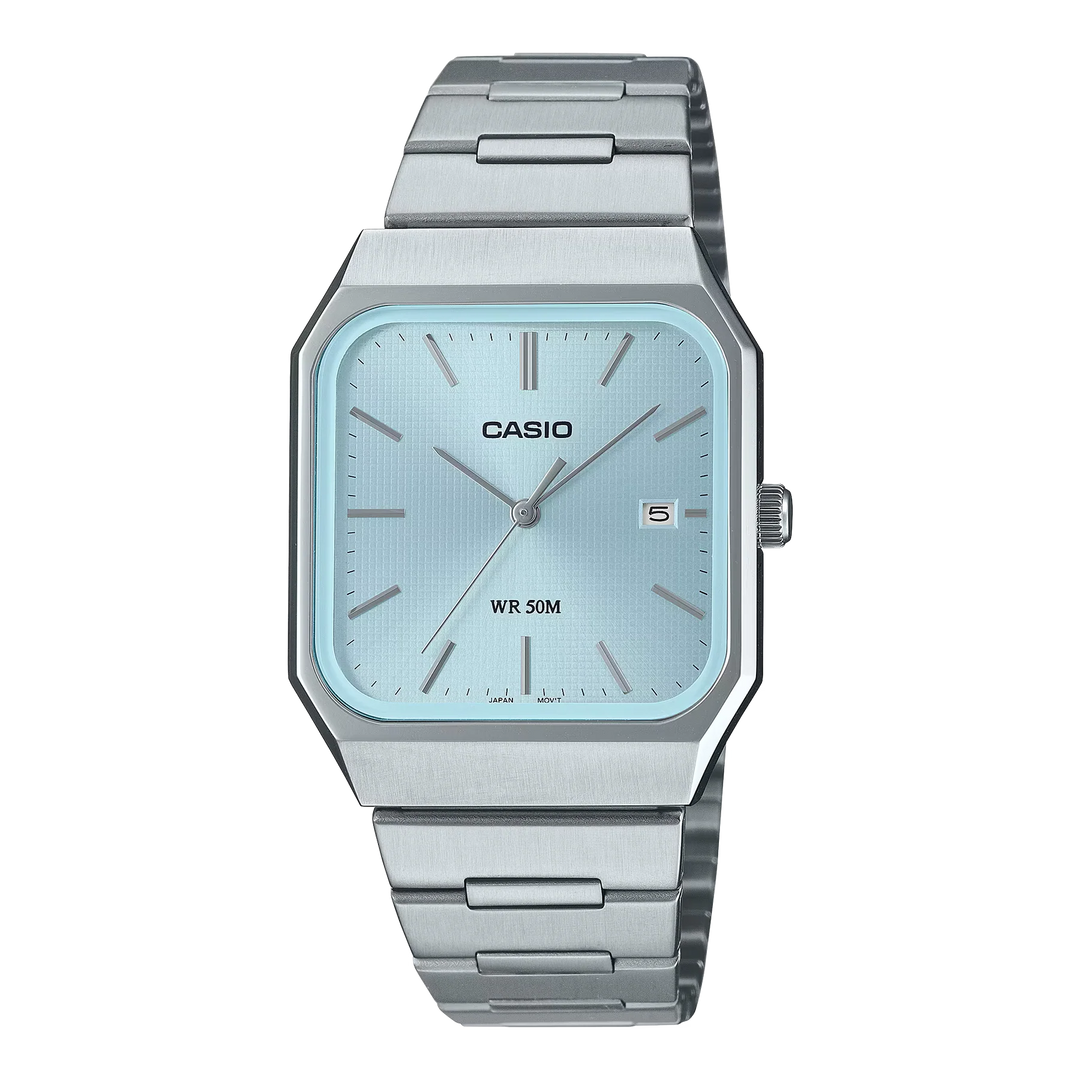 Reloj Casio MTP-B185D-2A2 acero inoxidable con esfera cuadrada azul turquesa y brazalete plateado