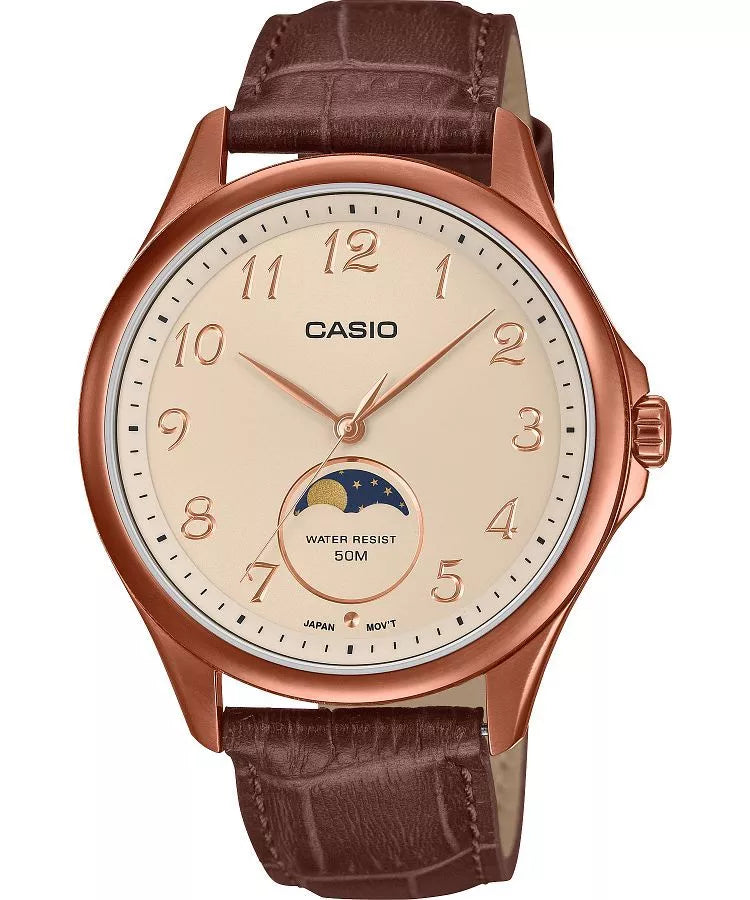 Reloj Casio moonphase rose gold con correa de cuero marrón y esfera blanca crema, indicador de fase lunar a las 6 en punto | Jherr Jewelry Perú