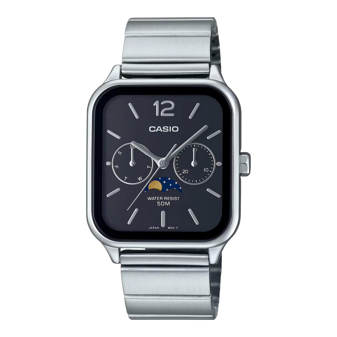 Reloj Casio MTP-M305D-7A2V fase lunar de acero para hombre con esfera negra y diseño elegante