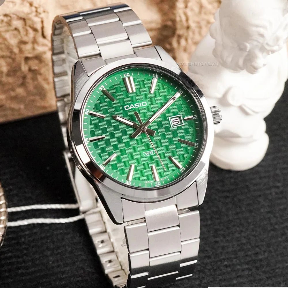 Reloj Casio Original MTP-VD03D-3A1 | Acero Hombre Plateado Verde - Casio en Perú