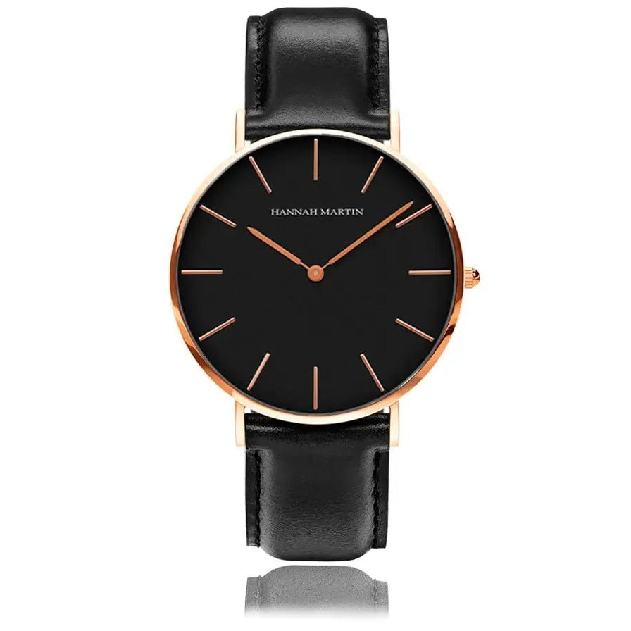 Reloj Hannah Martin CB01 Rose Gold Esfera Negra con Cuero Negro - Diseño Clásico Ejecutivo 40mm - Hannah Martin en Perú | Jherr Jewelry