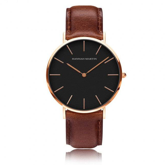 Reloj Hannah Martin CB01 Rose Gold Esfera Negra con Cuero Negro - Diseño Clásico Ejecutivo 40mm - Hannah Martin en Perú | Jherr Jewelry