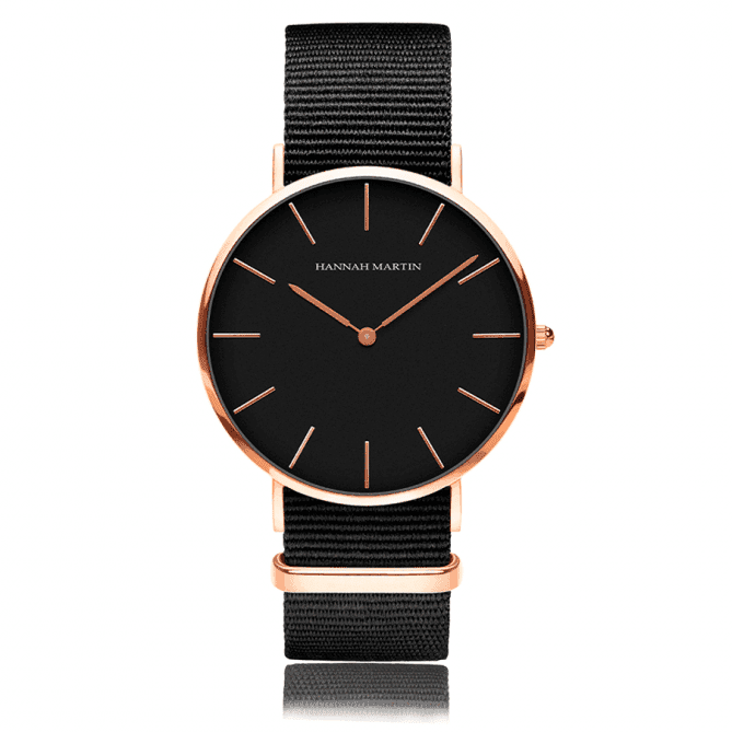 Reloj Hannah Martin CB01 Rose Gold Esfera Negra con Cuero Negro - Diseño Clásico Ejecutivo 40mm - Hannah Martin en Perú | Jherr Jewelry