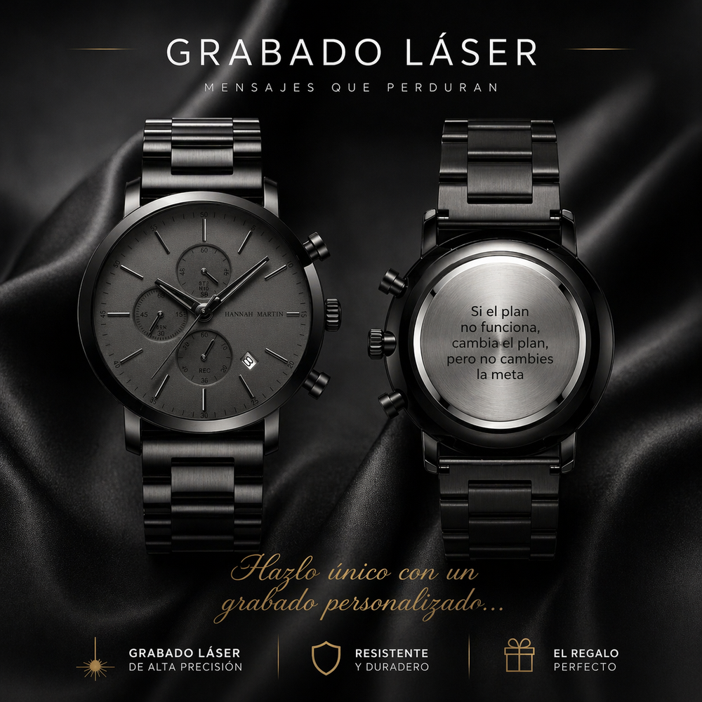 Reloj Hannah Martin negro con grabado láser personalizado en tapa posterior, regalo elegante para hombre en Perú