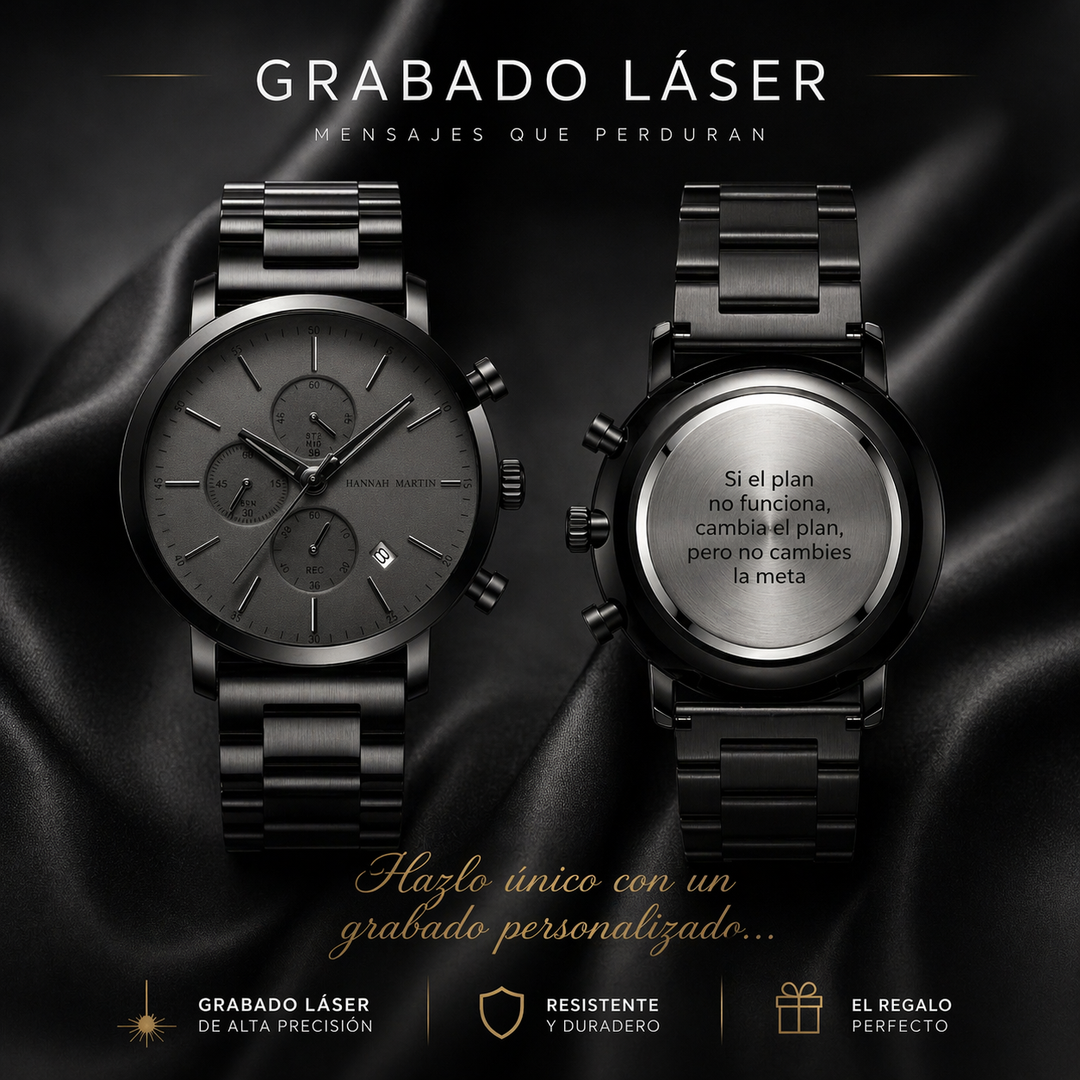 Reloj Hannah Martin negro con grabado láser personalizado en tapa posterior, regalo elegante para hombre en Perú