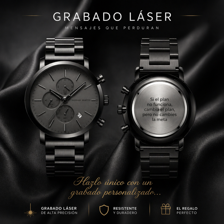 Reloj Hannah Martin negro con grabado láser personalizado en tapa posterior, regalo elegante para hombre en Perú