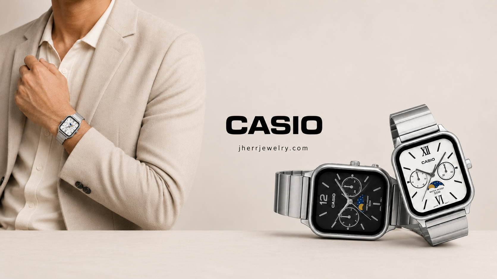 Relojes Casio cuadrados de acero para hombre con fase lunar y diseño elegante en Jherr Jewelry Perú