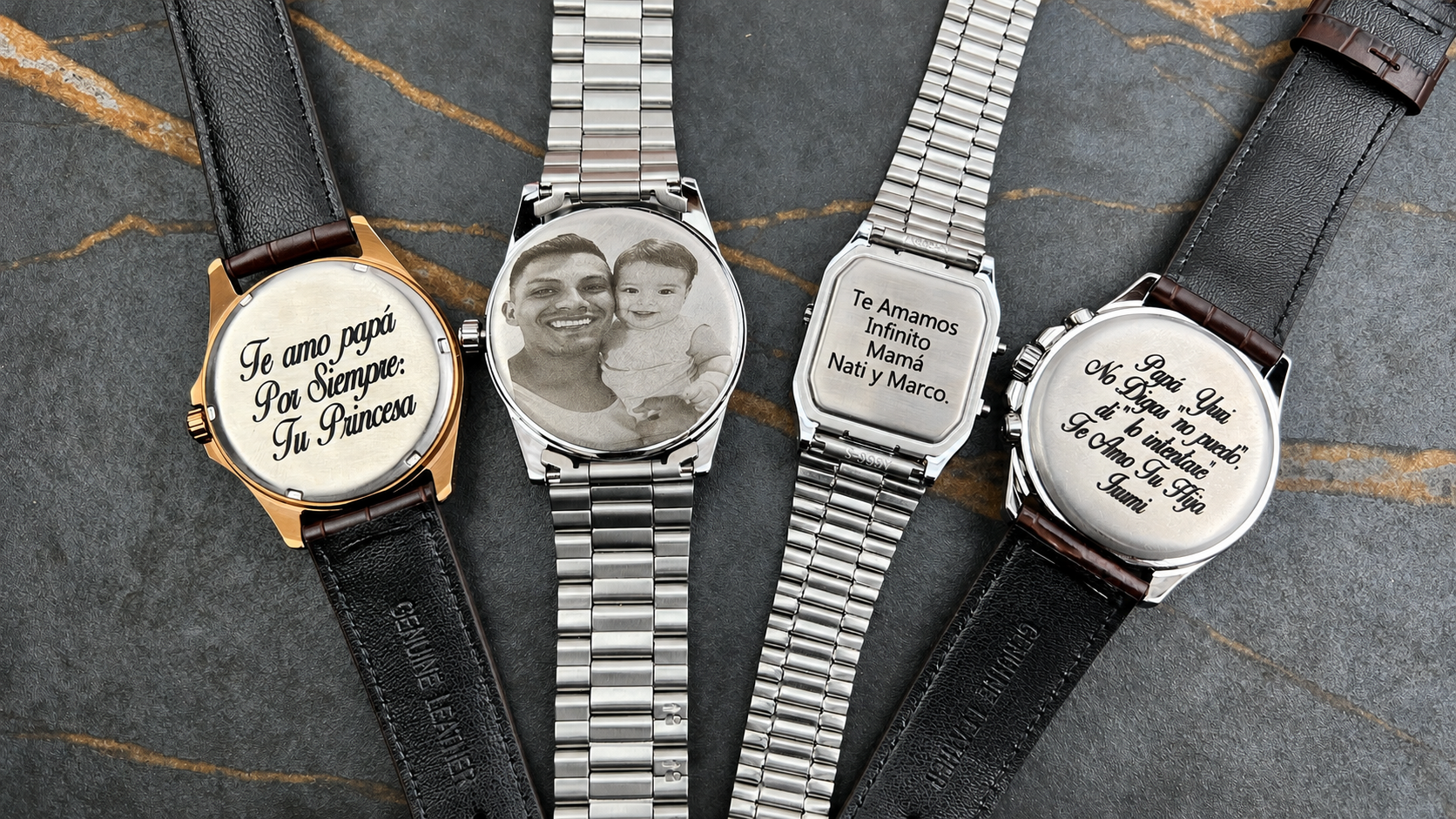 Relojes personalizados con grabado láser y fotograbado en tapas, mensajes especiales para papá y familia en Jherr Jewelry Perú