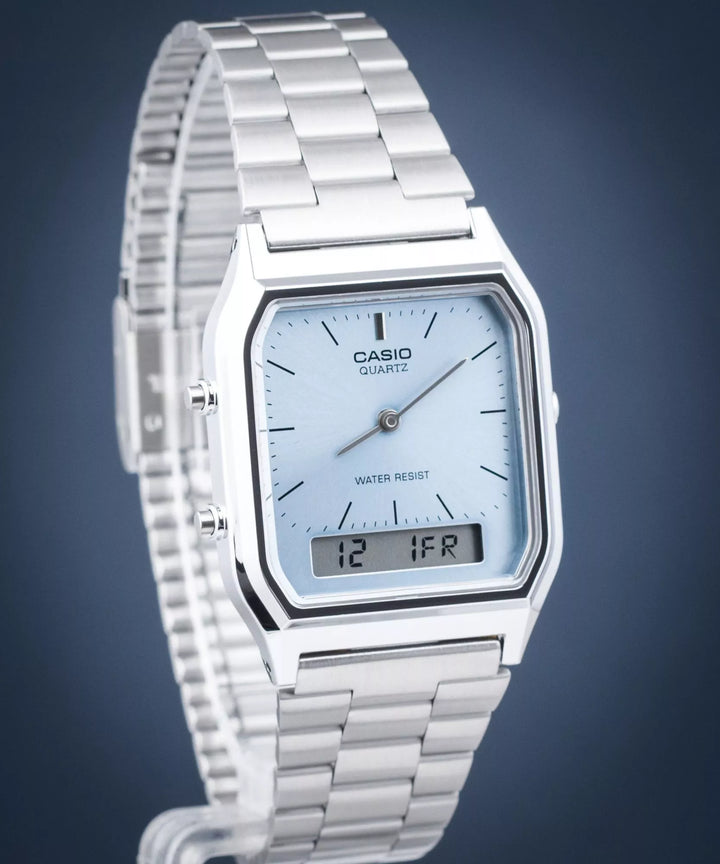 Reloj Casio AQ-230A-2A1 Original Retro - Dual Display Analógico Digital con Esfera Azul Cielo - Casio en Perú | Jherr Jewelry