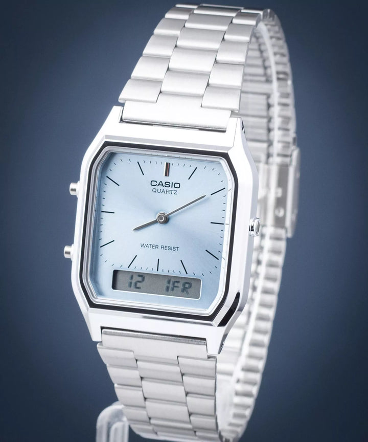 Reloj Casio AQ-230A-2A1 Original Retro - Dual Display Analógico Digital con Esfera Azul Cielo - Casio en Perú | Jherr Jewelry