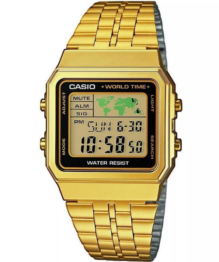 Casio A500WEGA-1EF – Reloj Digital Vintage Dorado con World Time - Casio en Perú | Jherr Jewelry