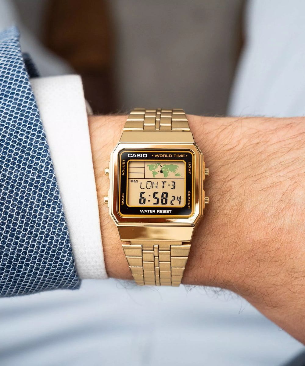 Casio A500WEGA-1EF – Reloj Digital Vintage Dorado con World Time - Casio en Perú | Jherr Jewelry
