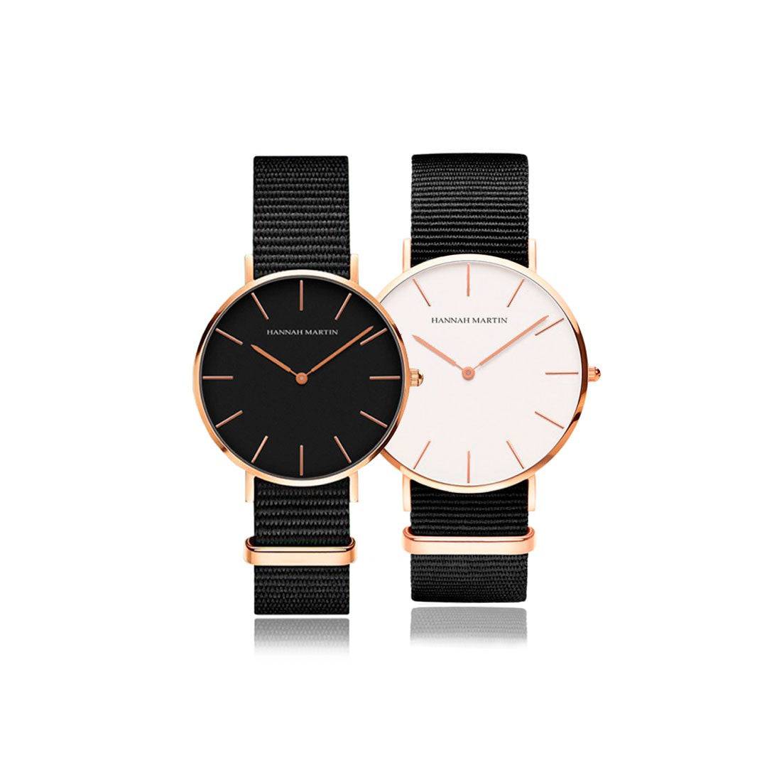 Relojes de Pareja Hannah Martin Rose Gold con NATO Negro - Set Coordinado 40mm/36mm - Hannah Martin en Perú | Jherr Jewelry