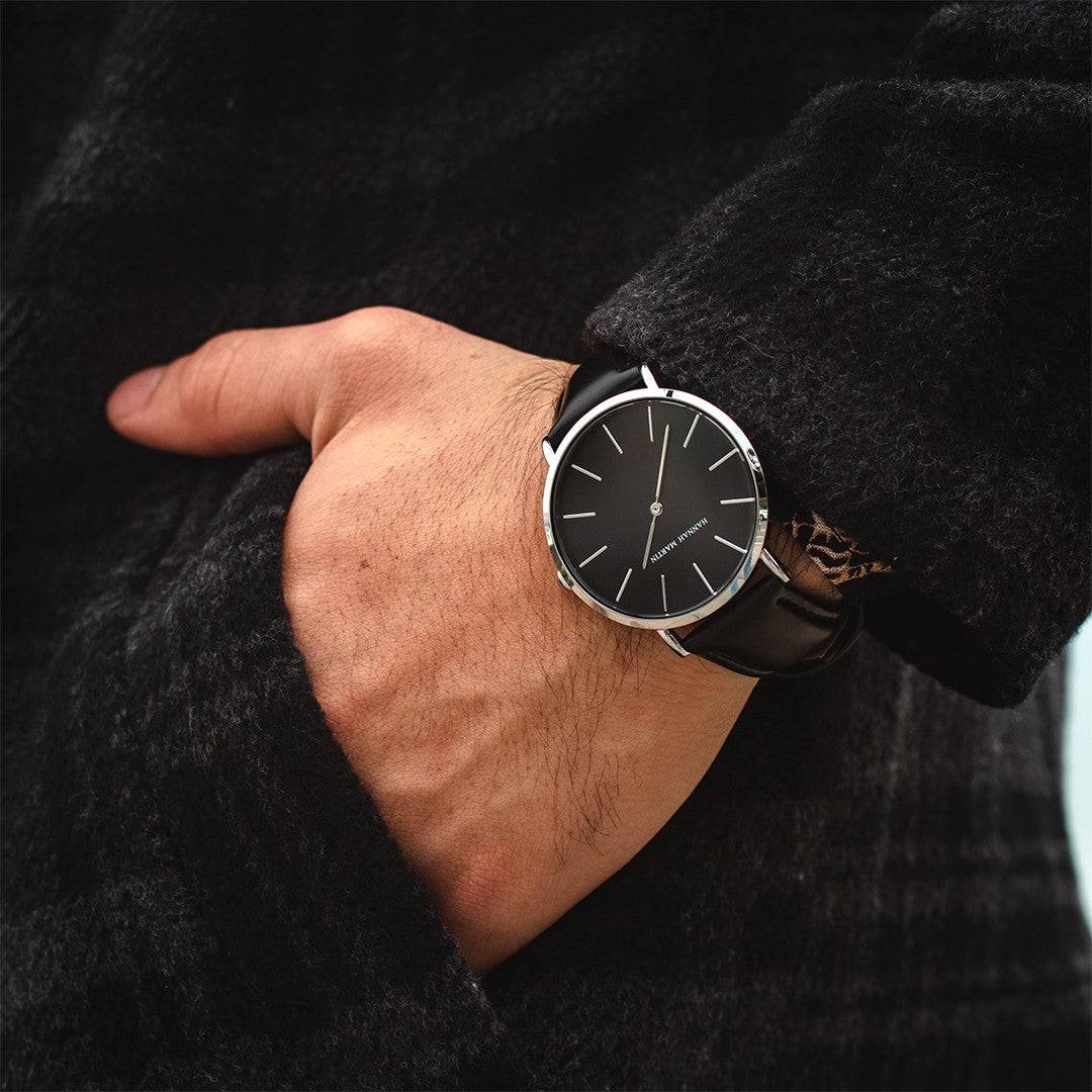 Reloj Hannah Martin Hombre Negro de Cuero Minimalista - Acero Inoxidable Premium - Hannah Martin en Perú | Jherr Jewelry