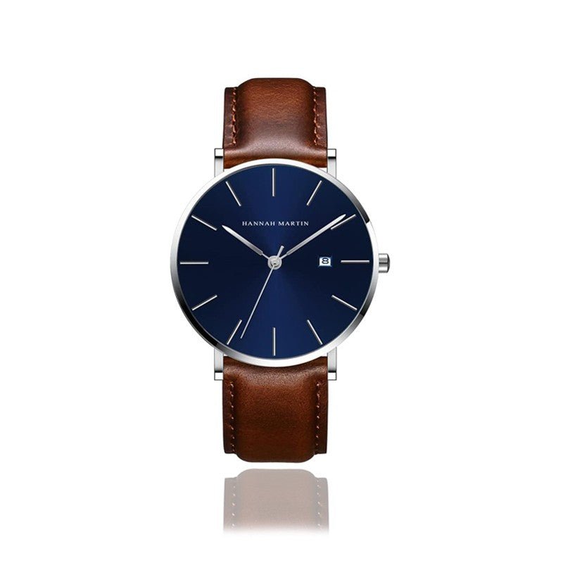 Reloj Hannah Martin Plata Esfera Azul con Cuero Marrón y Fecha - Diseño Ejecutivo 40mm - Hannah Martin en Perú | Jherr Jewelry