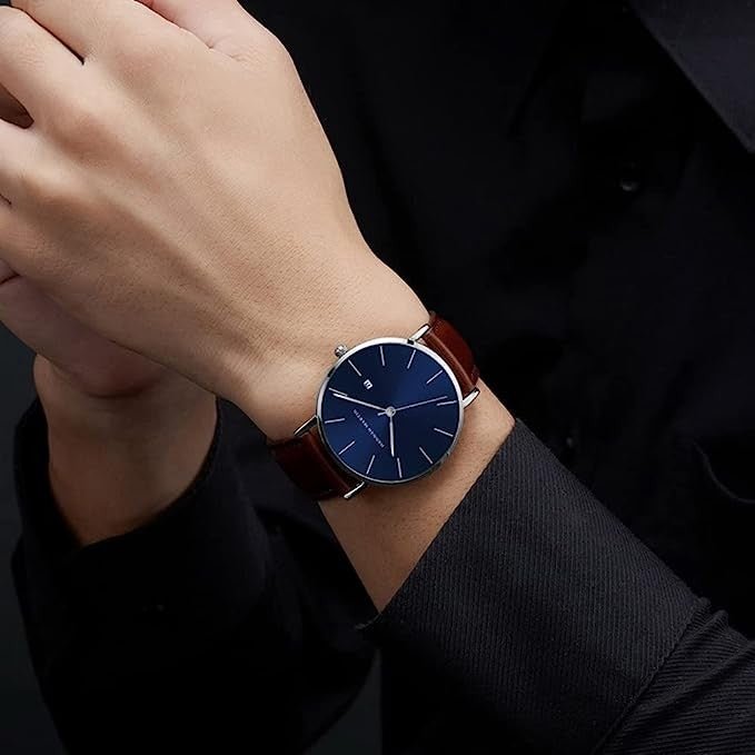 Reloj Hannah Martin Plata Esfera Azul con Cuero Marrón y Fecha - Diseño Ejecutivo 40mm - Hannah Martin en Perú | Jherr Jewelry