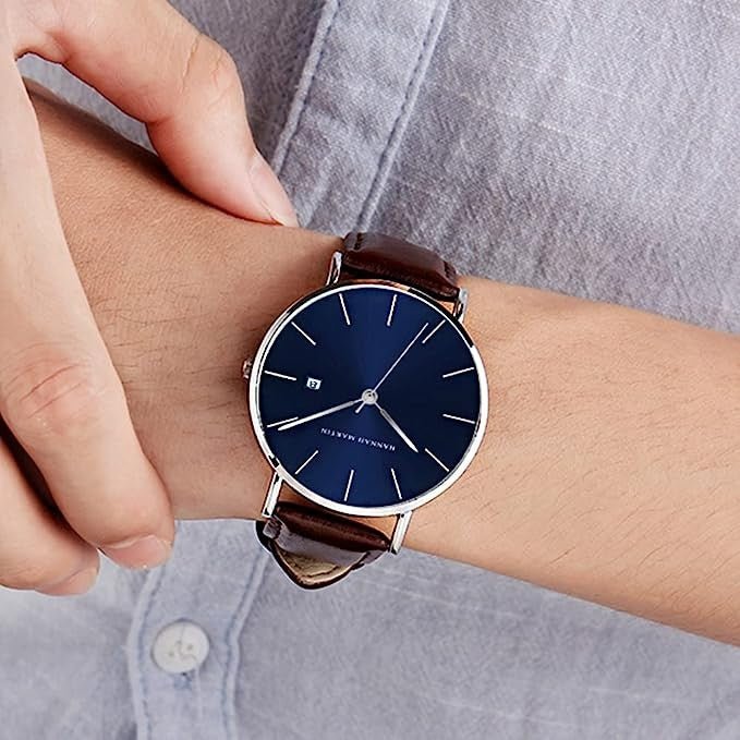 Reloj Hannah Martin Plata Esfera Azul con Cuero Marrón y Fecha - Diseño Ejecutivo 40mm - Hannah Martin en Perú | Jherr Jewelry