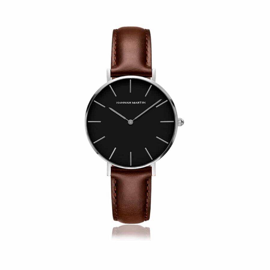 Reloj Hannah Martin Original Plata Esfera Negra con Cuero Marrón - Diseño Elegante 36mm - Hannah Martin en Perú | Jherr Jewelry