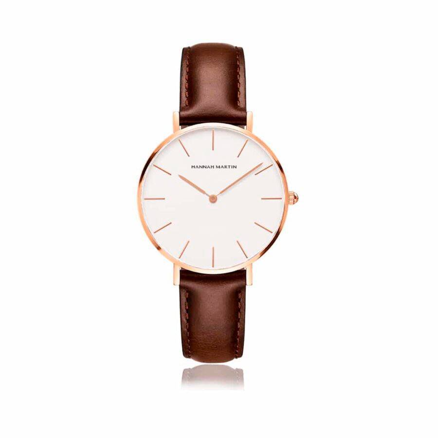 Reloj Hannah Martin para Mujer Oro Rosa Cuero Marrón Esfera Blanca - Hannah Martin en Perú | Jherr Jewelry