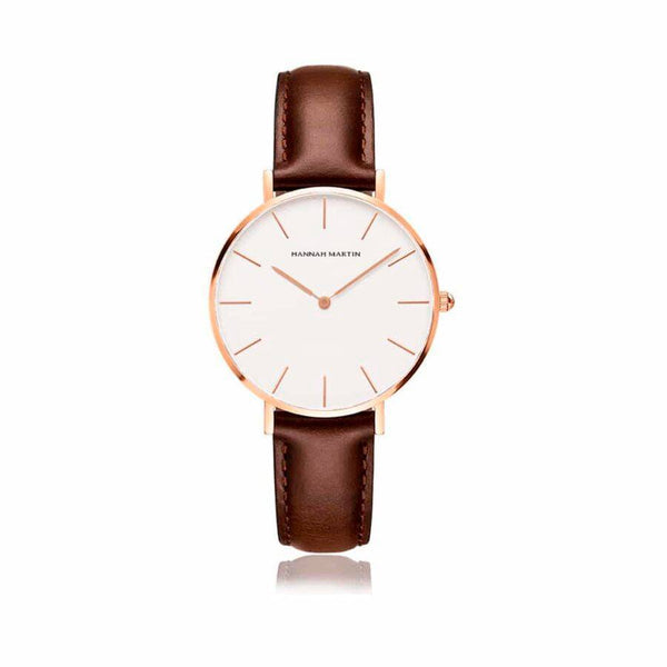 Reloj  para Mujer Oro Rosa Cuero Marrón Esfera Blanca