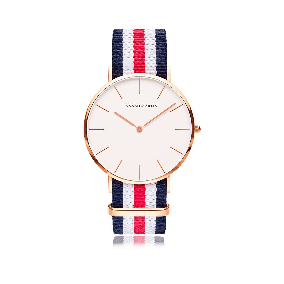 Reloj Hannah Martin Rose Gold Esfera Blanca con NATO Tricolor - Diseño Minimalista 40mm - Hannah Martin en Perú | Jherr Jewelry