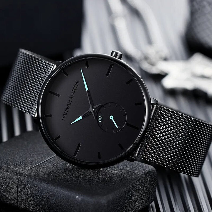 Reloj Hannah Martin Original Negro Mesh con Agujas Celestes - Diseño Minimalista 40mm - Hannah Martin en Perú | Jherr Jewelry