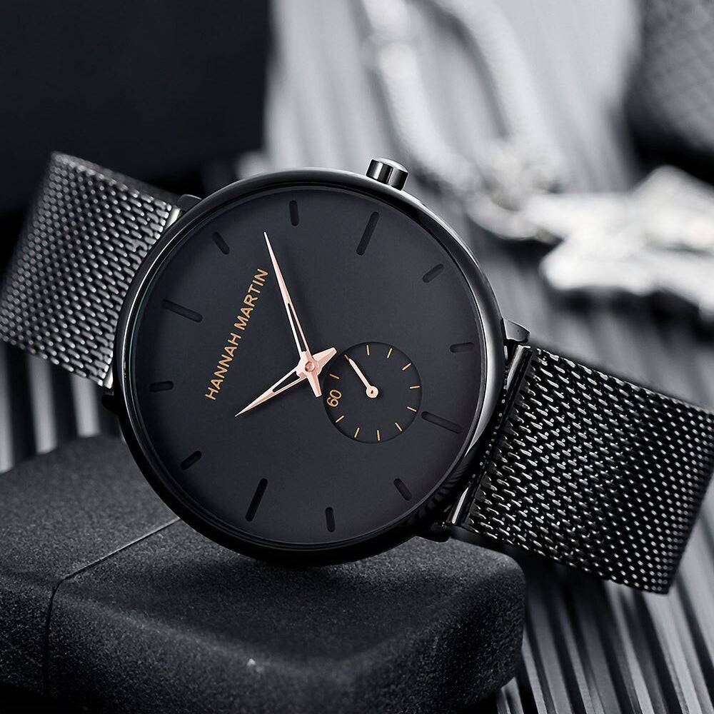 Reloj Hannah Martin Original Negro Mesh con Agujas Celestes - Diseño Minimalista 40mm - Hannah Martin en Perú | Jherr Jewelry