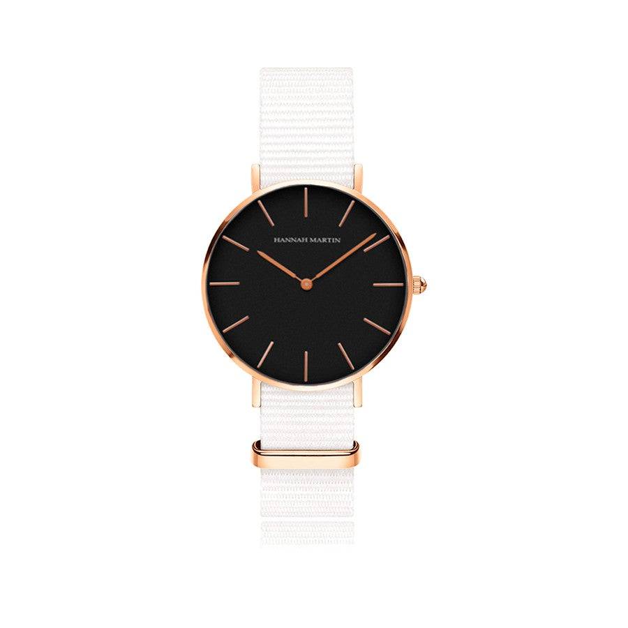 Reloj Hannah Martin Oro Rosa Mujer Esfera Negra con Correa NATO Blanca - Diseño Contraste 36mm - Hannah Martin en Perú | Jherr Jewelry