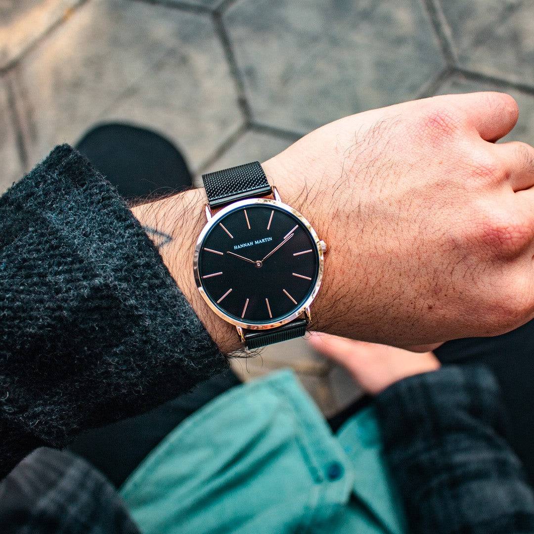 Reloj Hannah Martin Original Malla Negra para Hombre – Negro y Oro Rosa 40mm - Hannah Martin en Perú | Jherr Jewelry