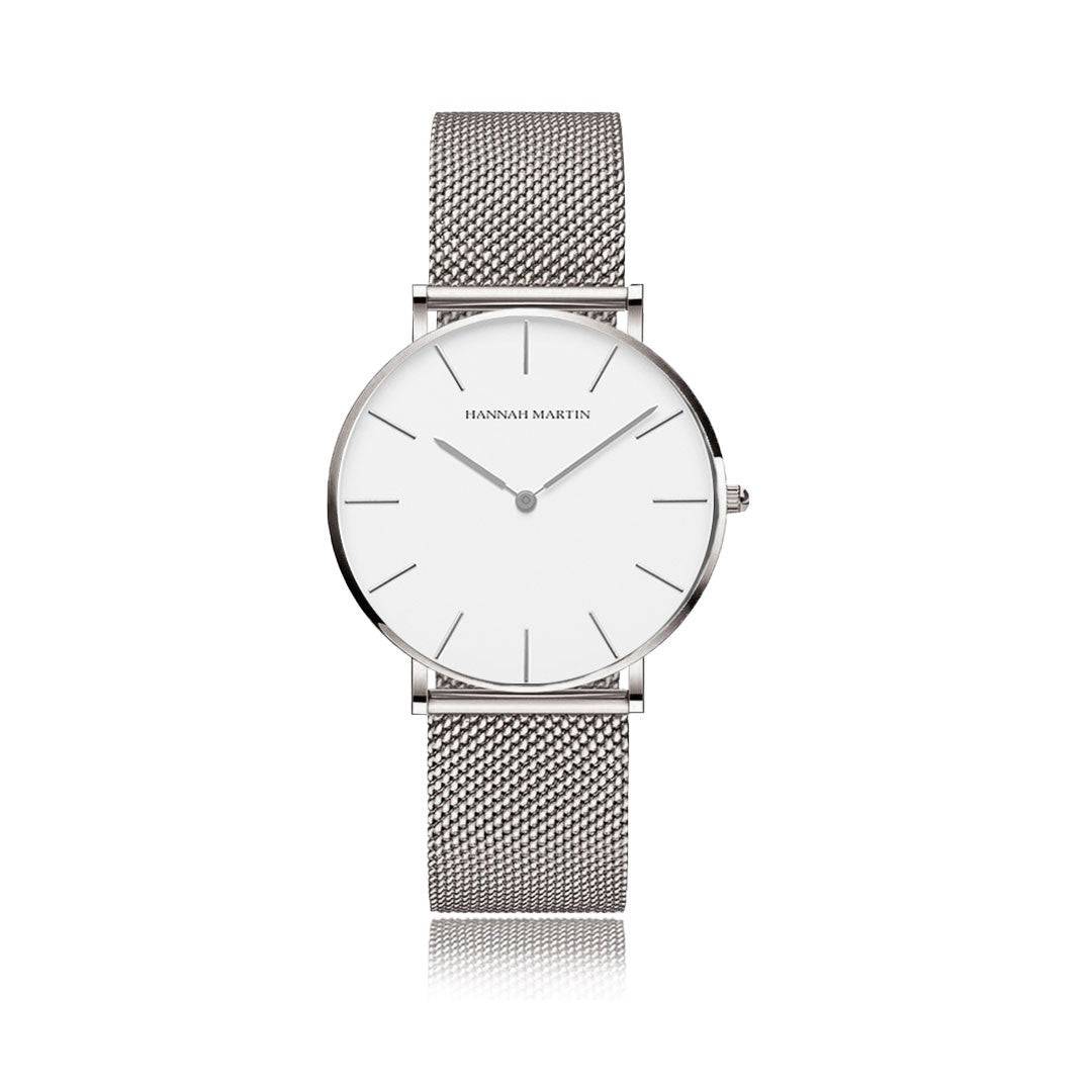 Reloj Hannah Martin Plata Esfera Azul con Mesh Plateado y Fecha - Diseño Ejecutivo 40mm - Hannah Martin en Perú | Jherr Jewelry