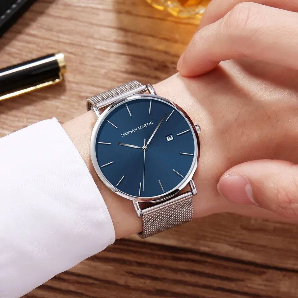 Reloj Hannah Martin Plata Esfera Azul con Mesh Plateado y Fecha - Diseño Ejecutivo 40mm - Hannah Martin en Perú | Jherr Jewelry