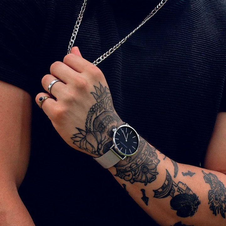 Reloj Hannah Martin Plata Esfera Azul con Mesh Plateado y Fecha - Diseño Ejecutivo 40mm - Hannah Martin en Perú | Jherr Jewelry