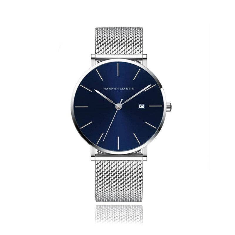 Reloj Hannah Martin Plata Esfera Azul con Mesh Plateado y Fecha - Diseño Ejecutivo 40mm - Hannah Martin en Perú | Jherr Jewelry