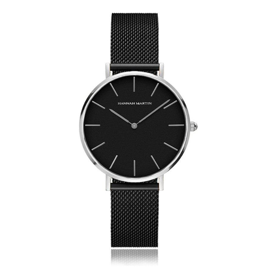 Reloj Hannah Martin Plata Esfera Negra con Correa Mesh Negra - Diseño Elegante 36mm - Hannah Martin en Perú | Jherr Jewelry