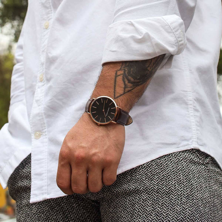 Reloj Hannah Martin CB01 Rose Gold Esfera Negra con Cuero Negro - Diseño Clásico Ejecutivo 40mm - Hannah Martin en Perú | Jherr Jewelry