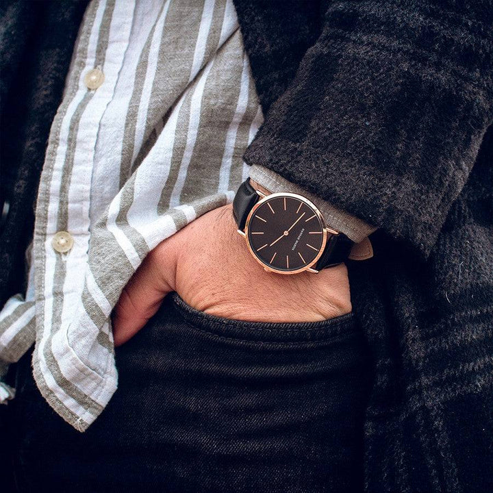 Reloj Hannah Martin CB01 Rose Gold Esfera Negra con Cuero Negro - Diseño Clásico Ejecutivo 40mm - Hannah Martin en Perú | Jherr Jewelry