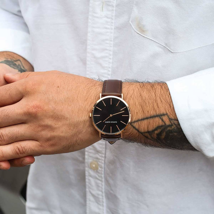 Reloj Hannah Martin CB01 Rose Gold Esfera Negra con Cuero Negro - Diseño Clásico Ejecutivo 40mm - Hannah Martin en Perú | Jherr Jewelry