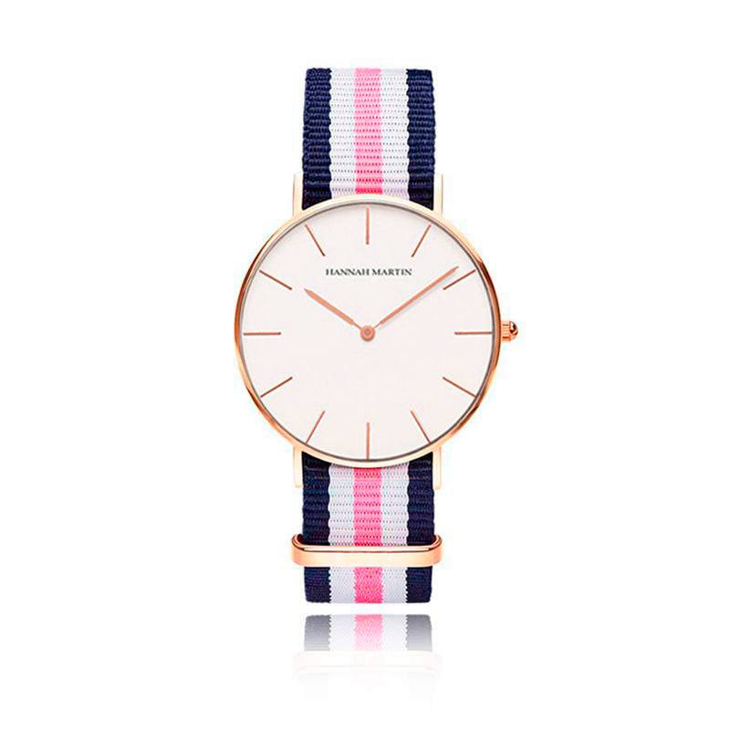 Reloj Hannah Martin Oro Rosa Mujer Esfera Blanca con NATO Azul Rosa Blanco - Diseño Femenino 36mm - Hannah Martin en Perú | Jherr Jewelry